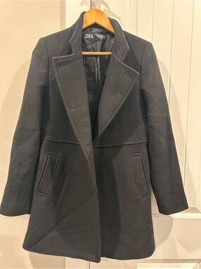 ZARA Black Pea Coat with Notched Lapel
